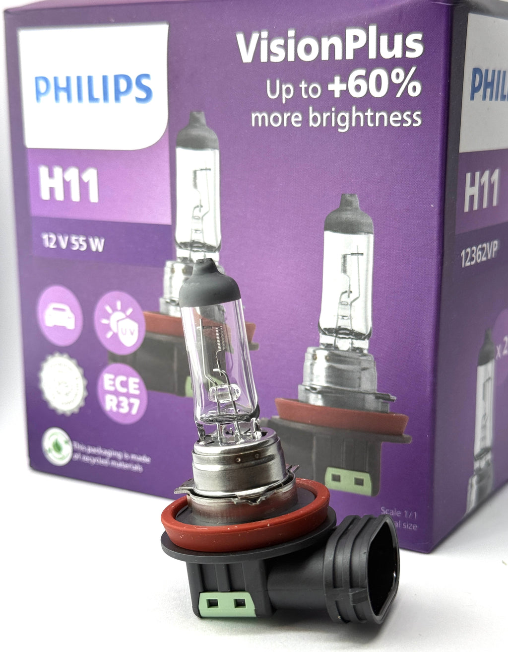PHILIPS Halogen VisionPlus H11 12V 55W +60% more brightness headlight bulb 2pcs