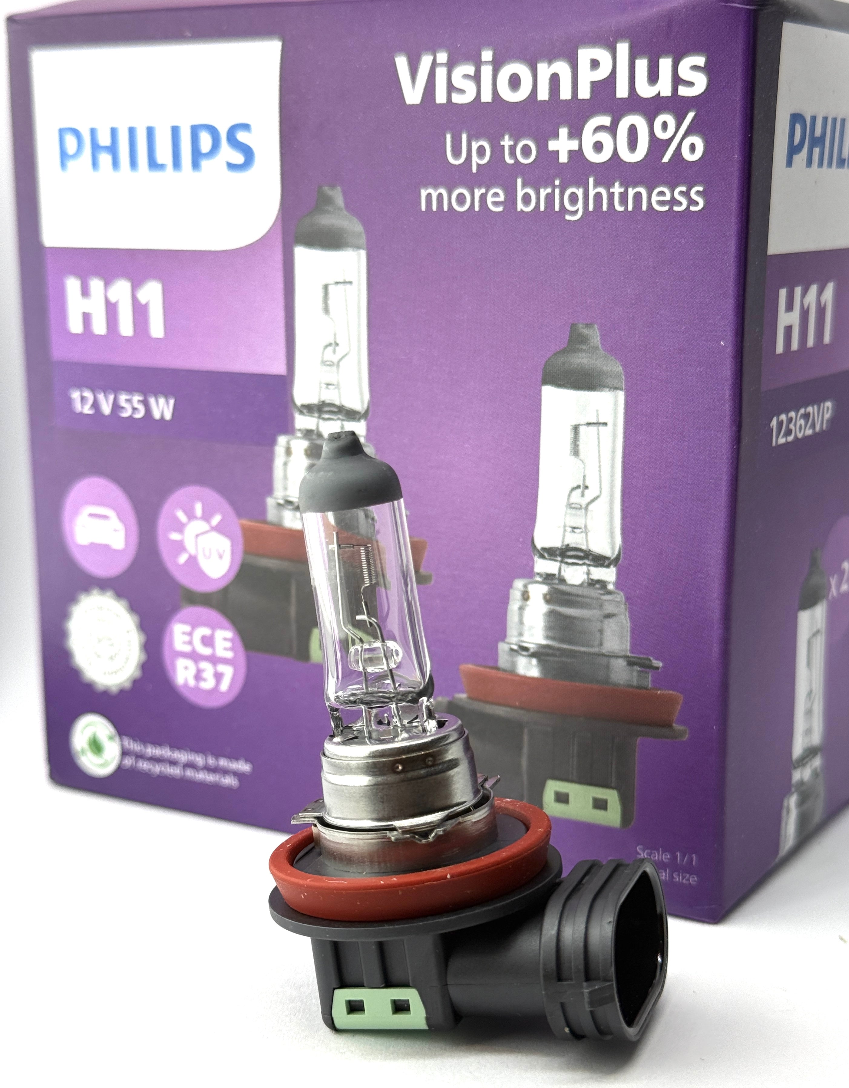 PHILIPS Halogen VisionPlus H11 12V 55W +60% more brightness headlight bulb 2pcs